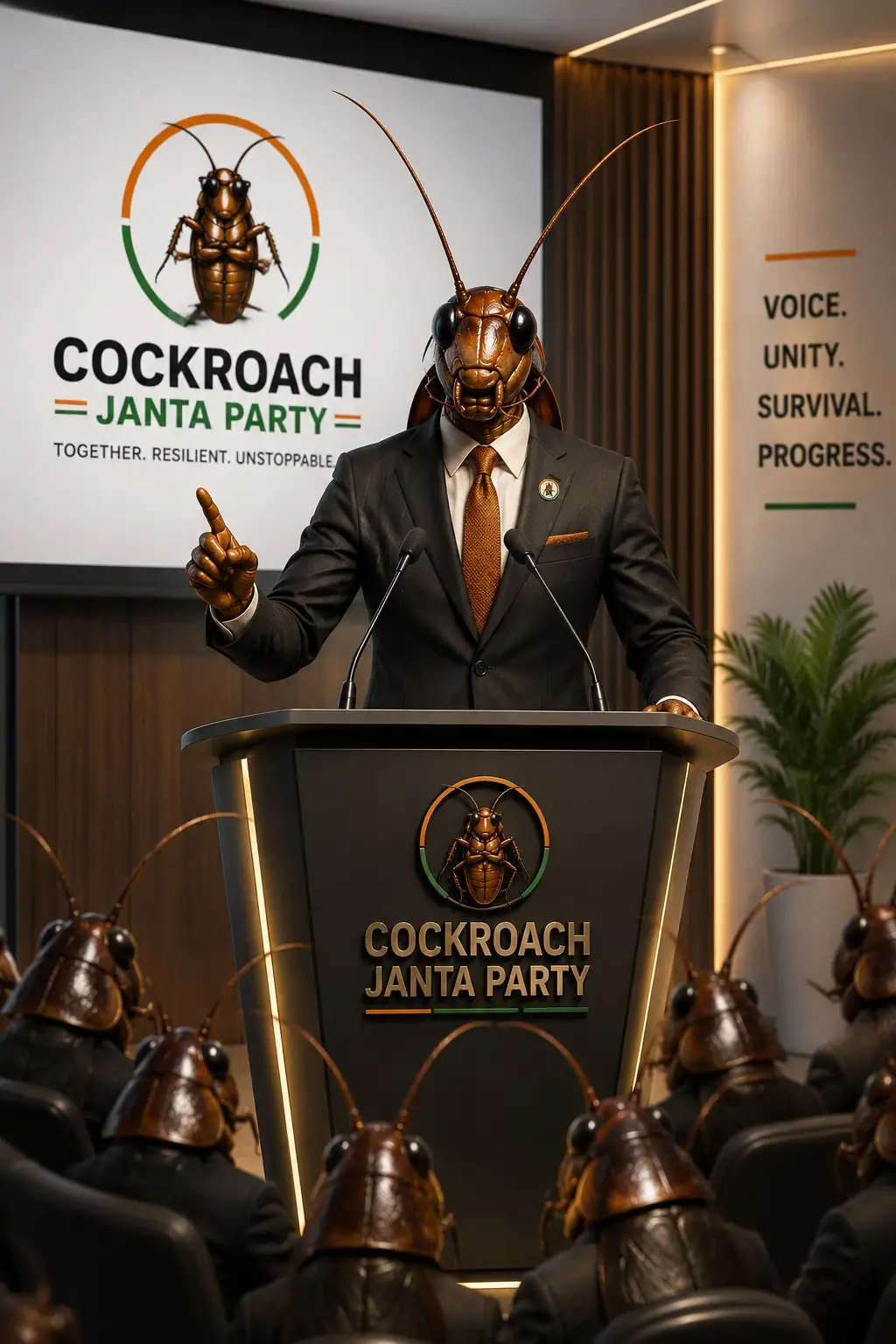 Cockroach Janta Party leader at podium addressing the swarm